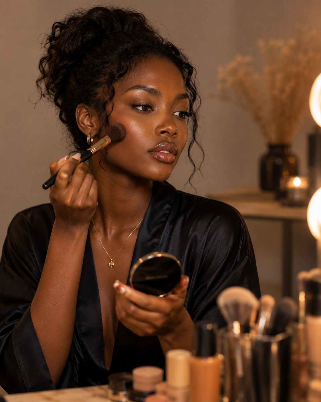 Elegant African woman with glowing makeup in warm salon lighting
